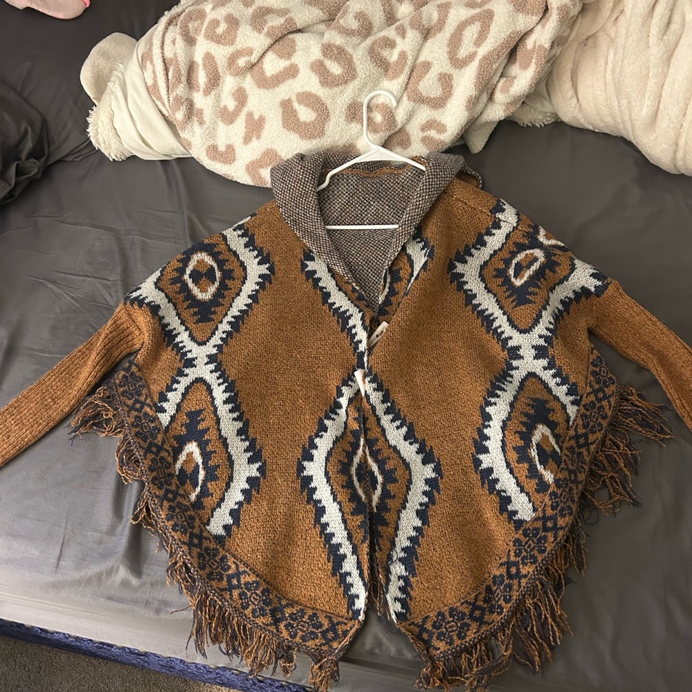Brown and Blue Geometric Knit Poncho